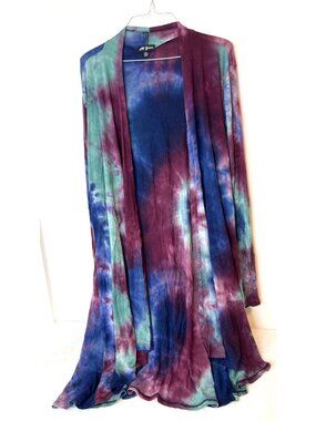All yours 3X Tie Dye Cardigan Duster Rayon Blend Boho Jewel Tone Art to Wear